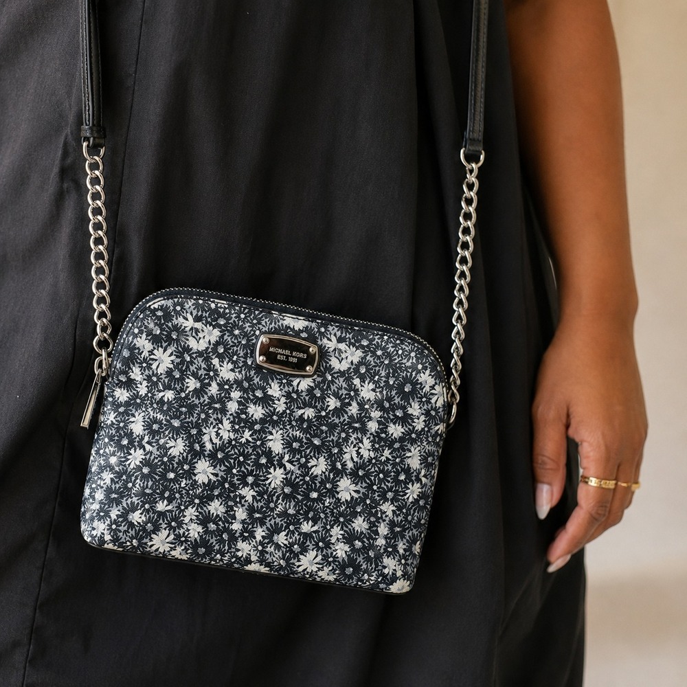 Michael Kors Cindy Dome Crossbody Navy White Floral Print Silver Chain Bag